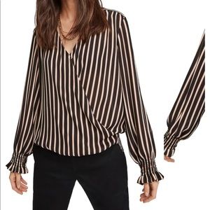 SCOTCH & SODA Striped Black and Cream Wrap Front Long Sleeve Blouse Top Small